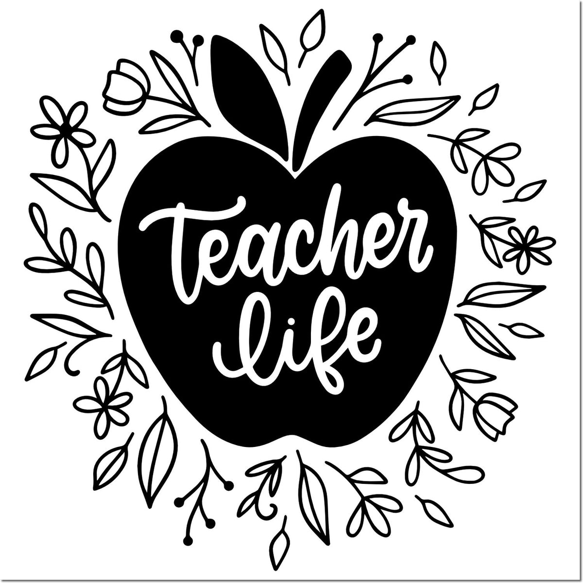 Teacher life apple floral rubber stamp design for classroom crafts, teacher appreciation gifts, and handmade labels.
