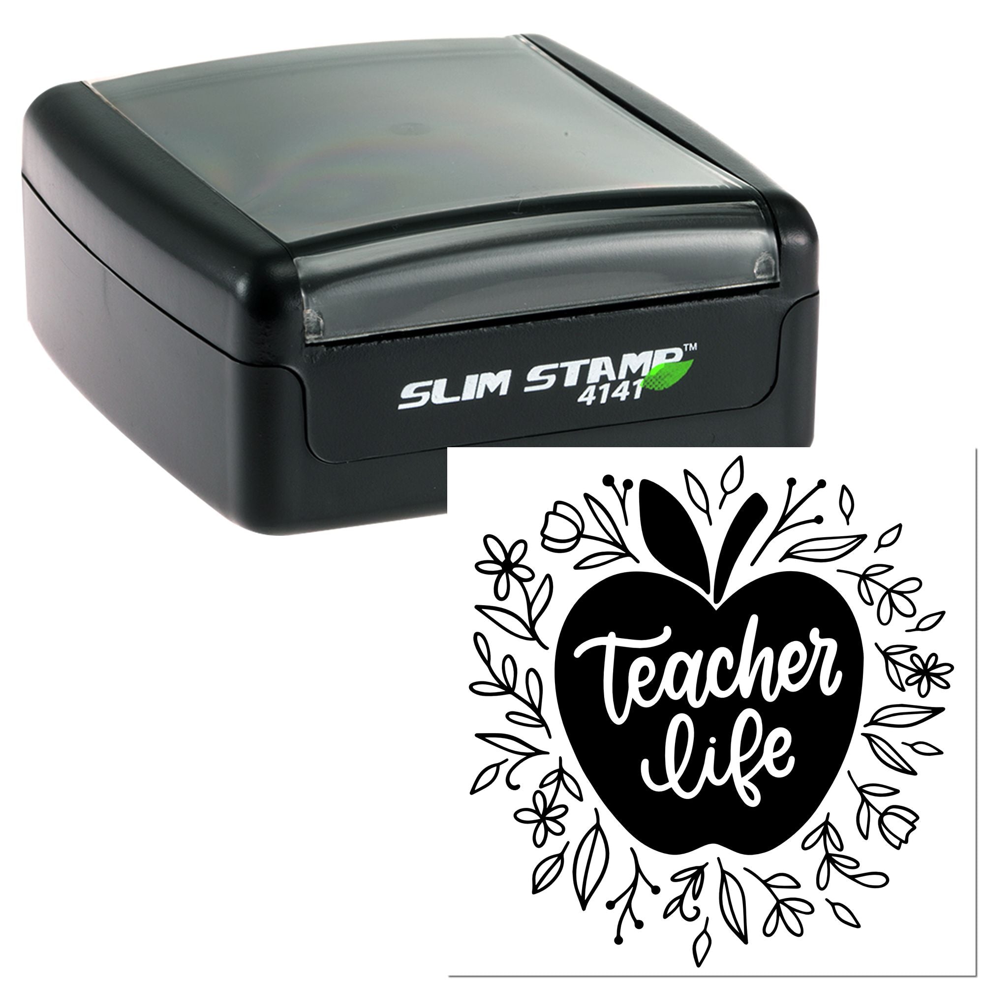 Slim Stamp 4141 Teacher Life apple floral rubber stamp for classroom crafts, teacher gifts, and handmade projects