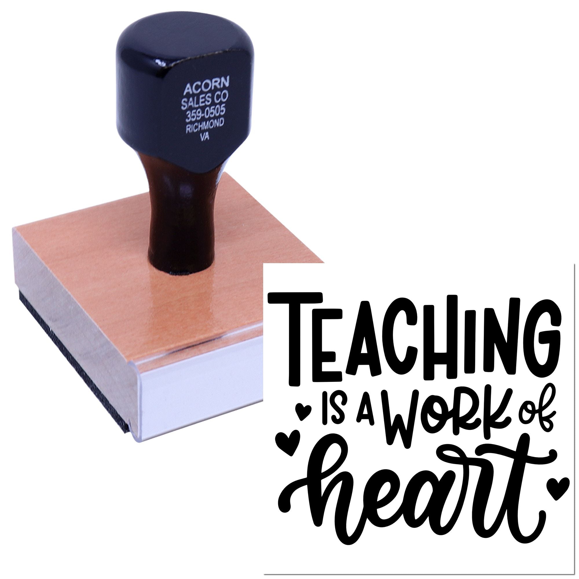Custom teacher rubber stamp with Teaching Is a Work of Heart design for classroom use