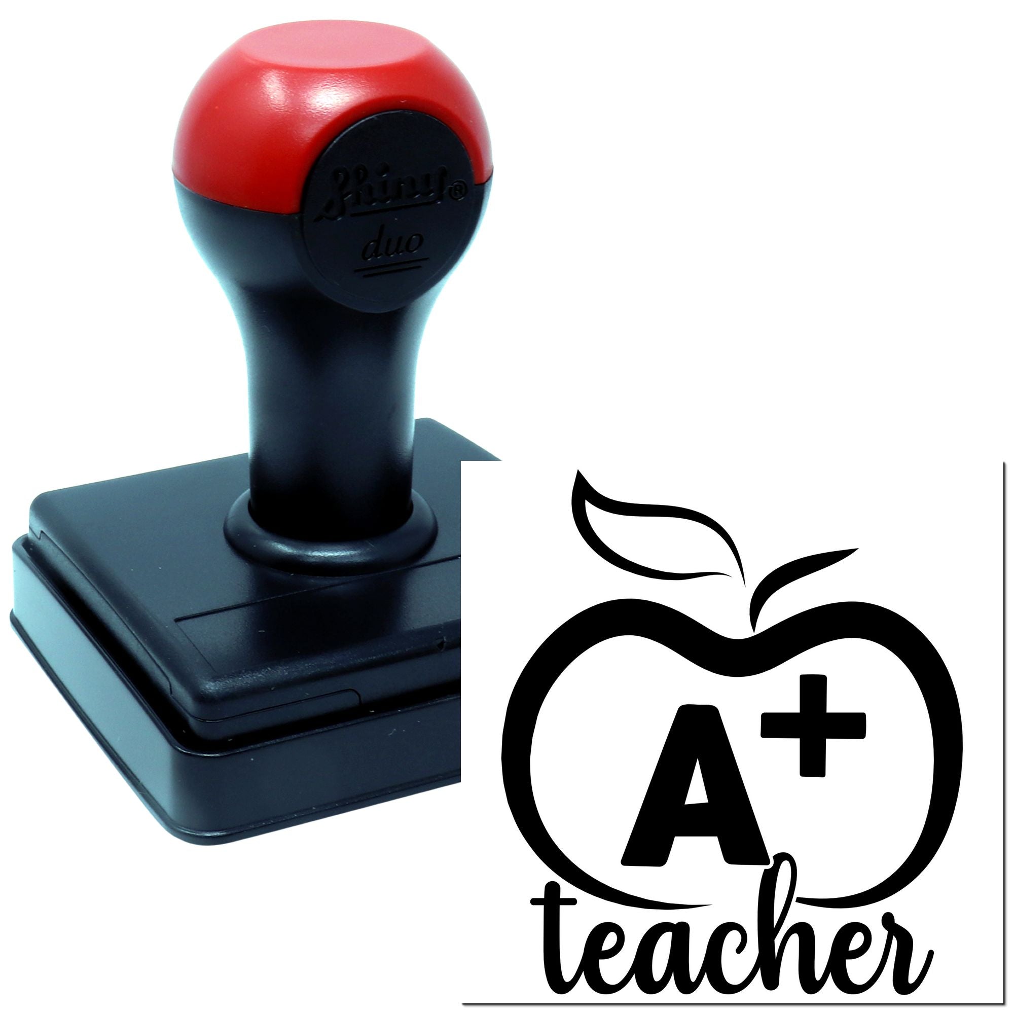 A+ teacher self-inking rubber stamp with apple design for grading school papers and classroom rewards.