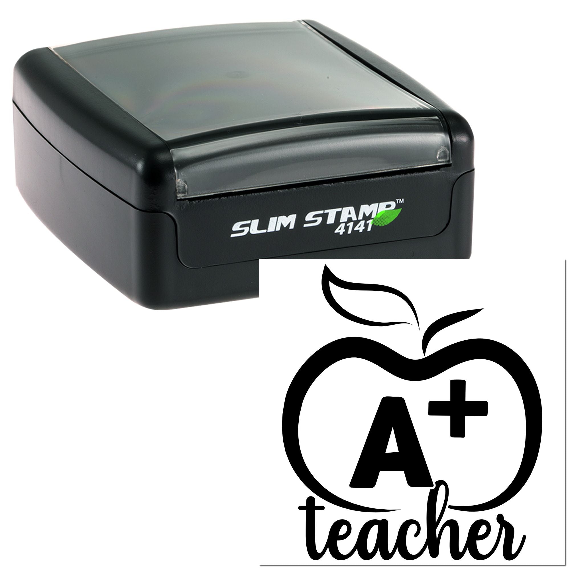 Self-inking A+ teacher rubber stamp with apple logo for classroom grading and schoolwork feedback.