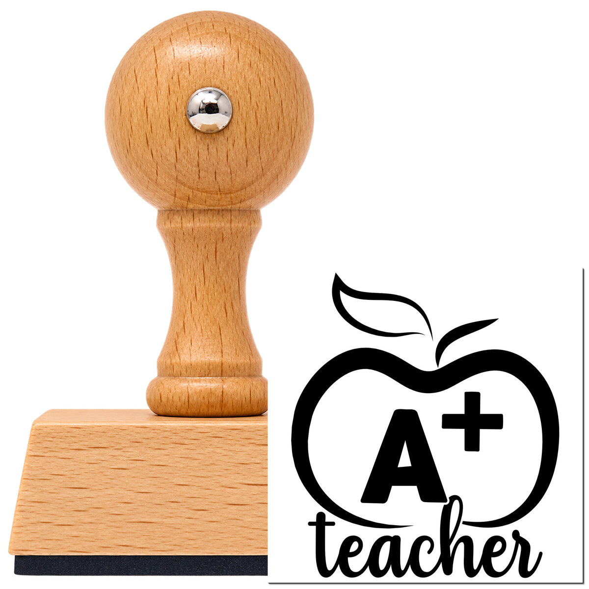 A Plus Teacher Outline Apple Vintage Pro rubber stamp in European beech wood with a round knob handle, shown beside its black imprint.