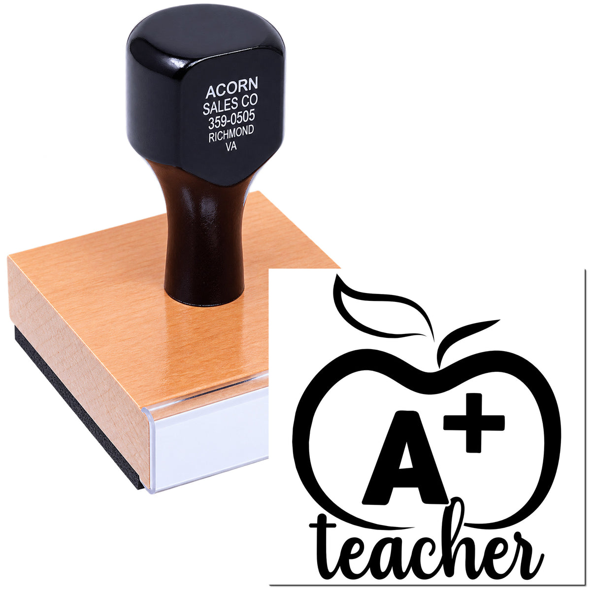 Custom teacher rubber stamp with A+ apple design for grading papers and rewarding students.