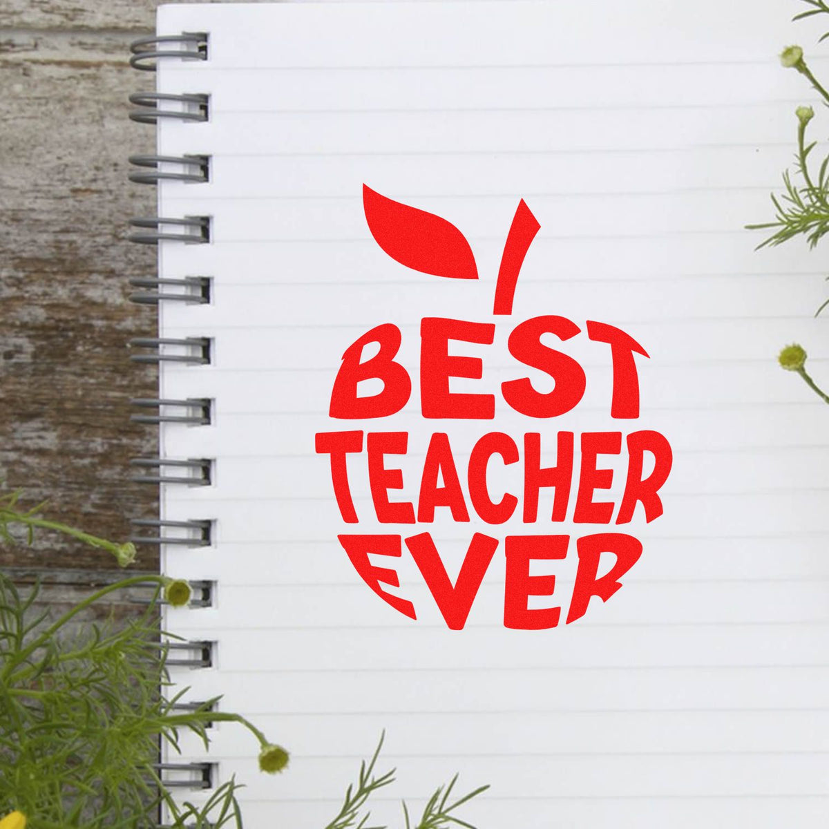 Best Teacher Ever rubber stamp design in red, perfect for teacher appreciation cards, crafts, and classroom gifts.