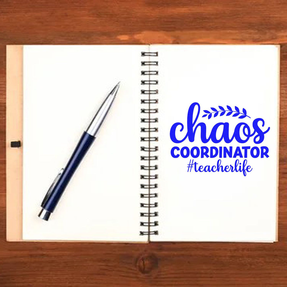 Teacher rubber stamp design reading chaos coordinator #teacherlife on a notebook, ideal for teacher planners and gifts.