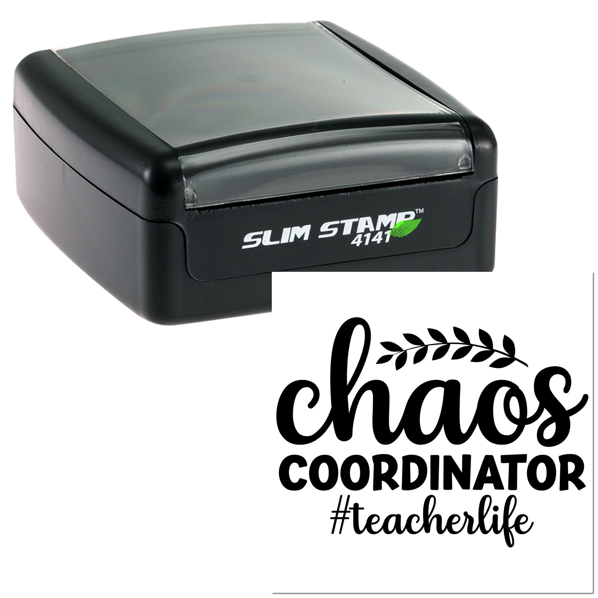 Self-inking rubber teacher stamp with chaos coordinator #teacherlife design for grading and classroom use.