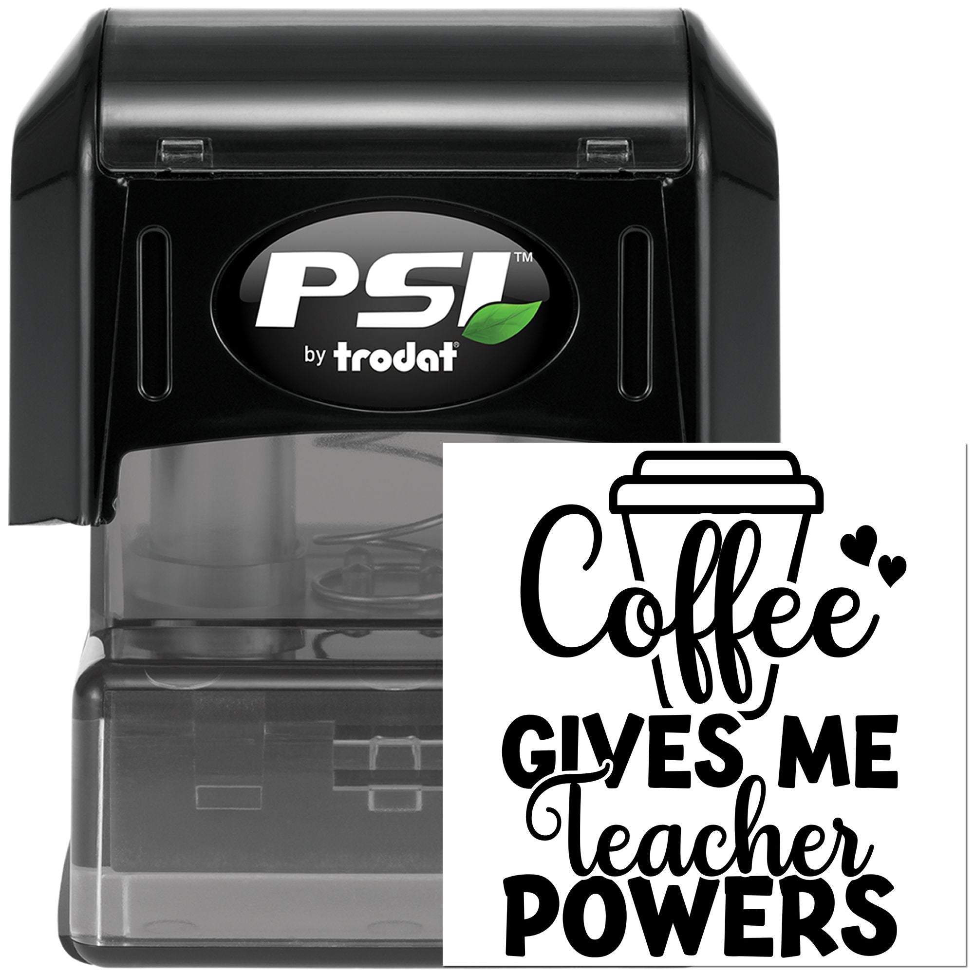 Self-inking rubber stamp with Coffee Gives Me Teacher Powers design, ideal for teacher gifts, classroom crafts, and office use.