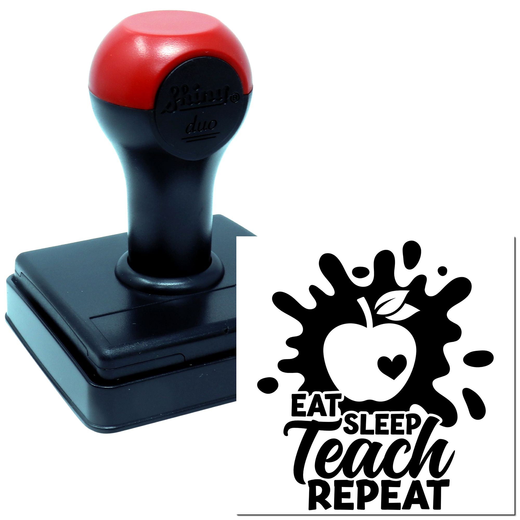 Self-inking teacher rubber stamp with Eat Sleep Teach Repeat apple design for classroom crafts and educator gifts