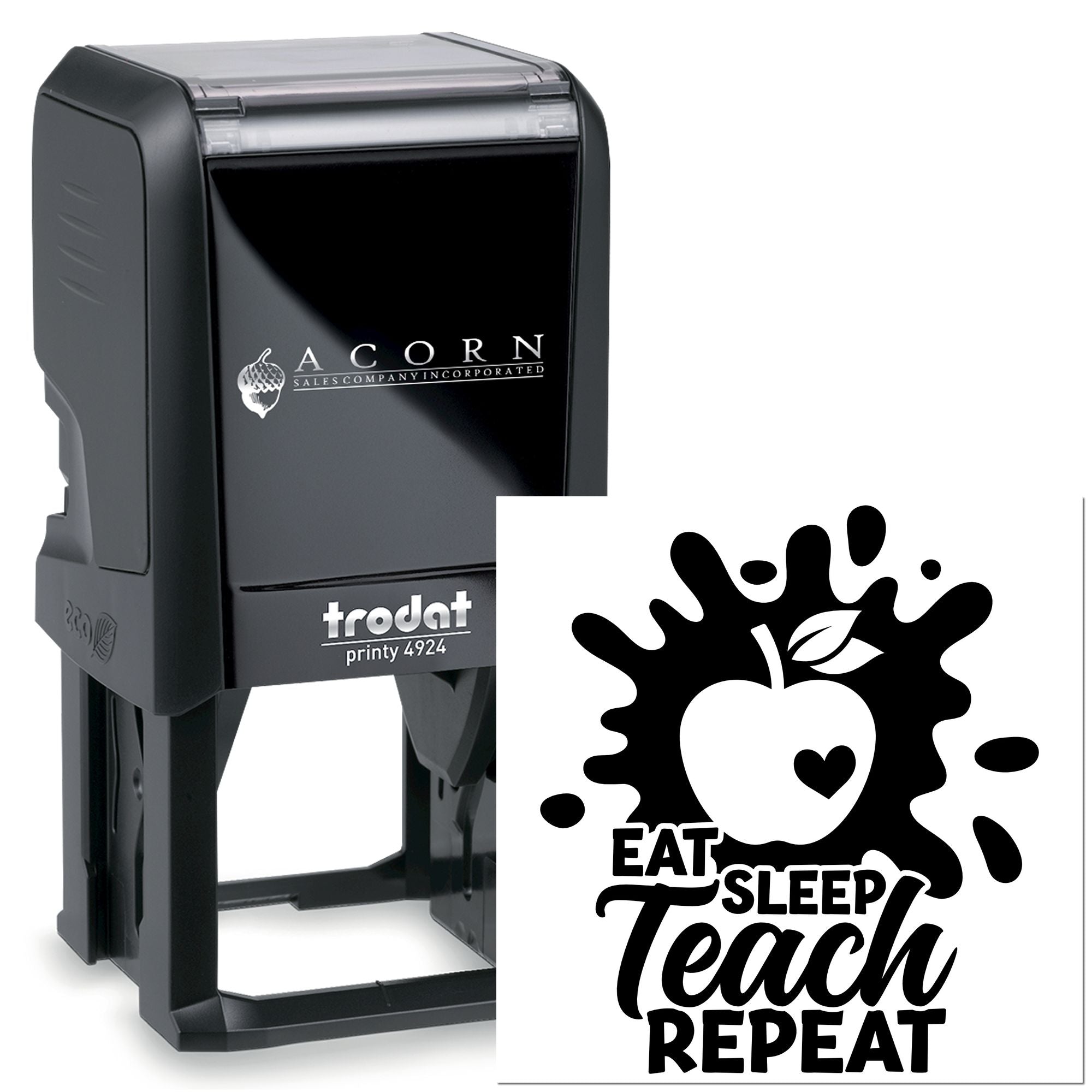 Custom self-inking Trodat Printy 4924 teacher rubber stamp with Eat Sleep Teach Repeat apple design