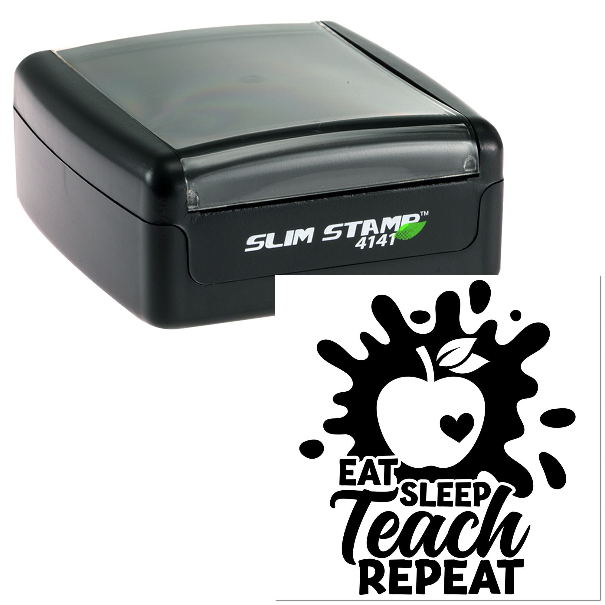 Self-inking teacher rubber stamp with Eat Sleep Teach Repeat apple design
