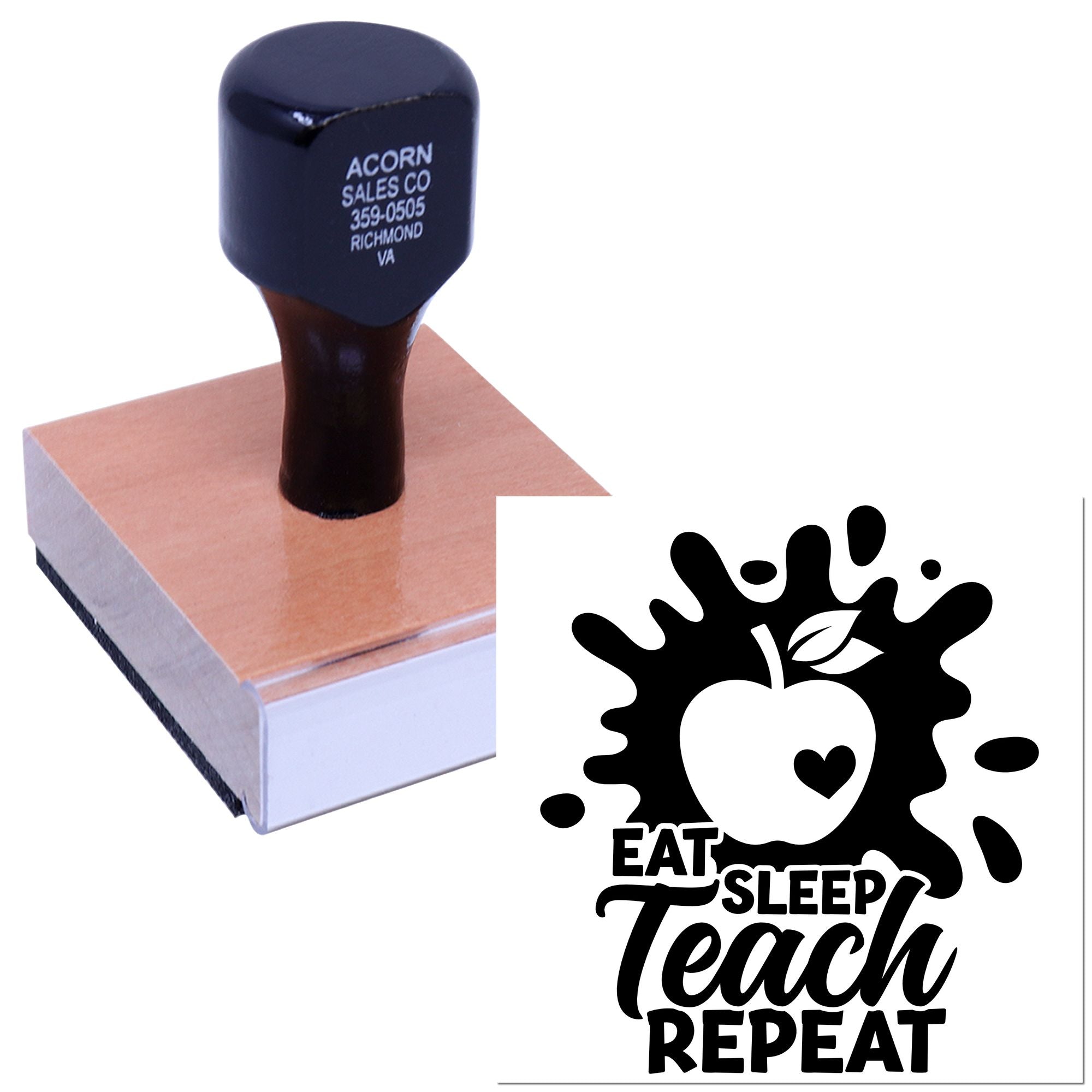 Custom teacher rubber stamp with apple design and Eat Sleep Teach Repeat text for classroom use and stationery.