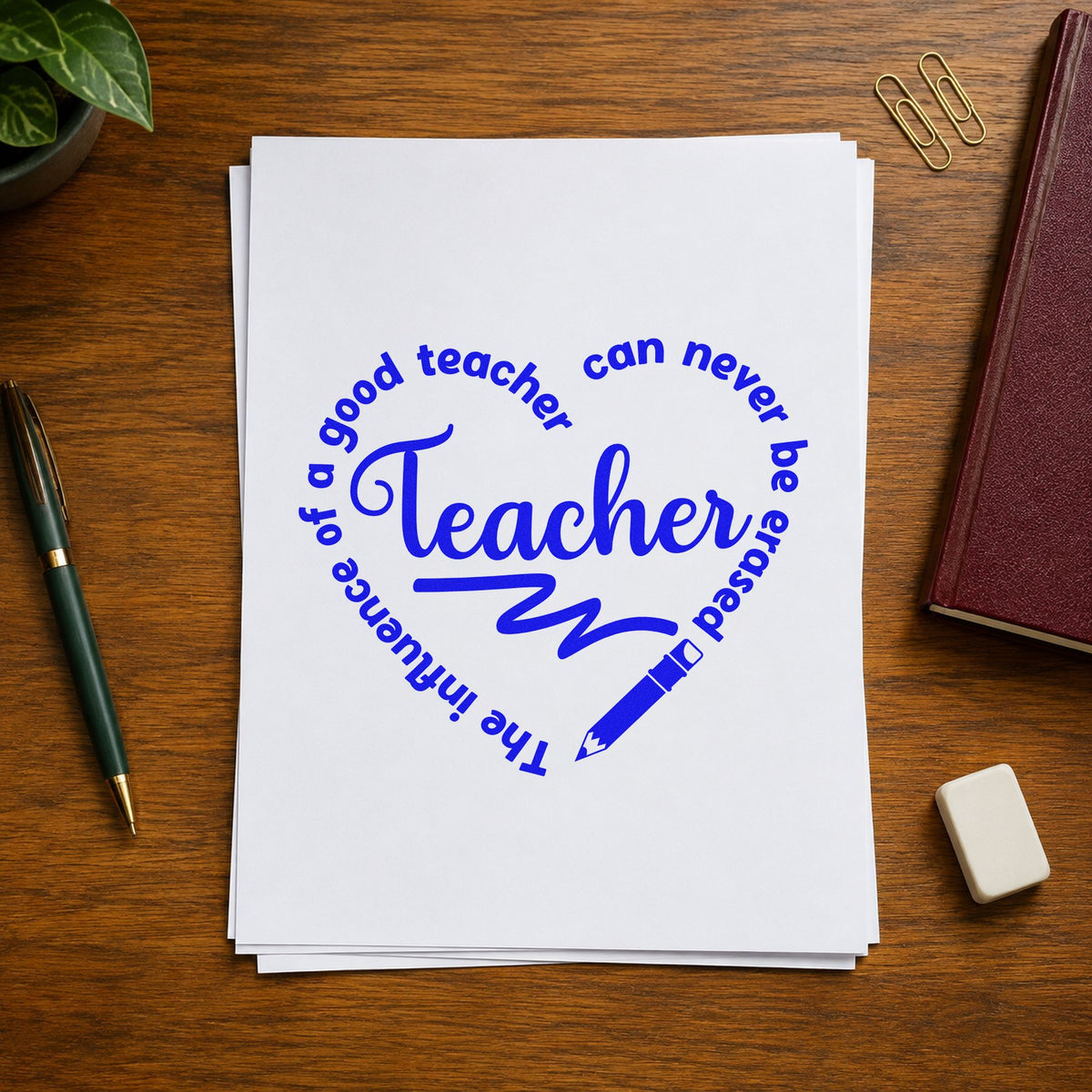 Teacher Influence Pencil Circle craft stamp in blue ink on cardstock, an easy option for pencil case panels.