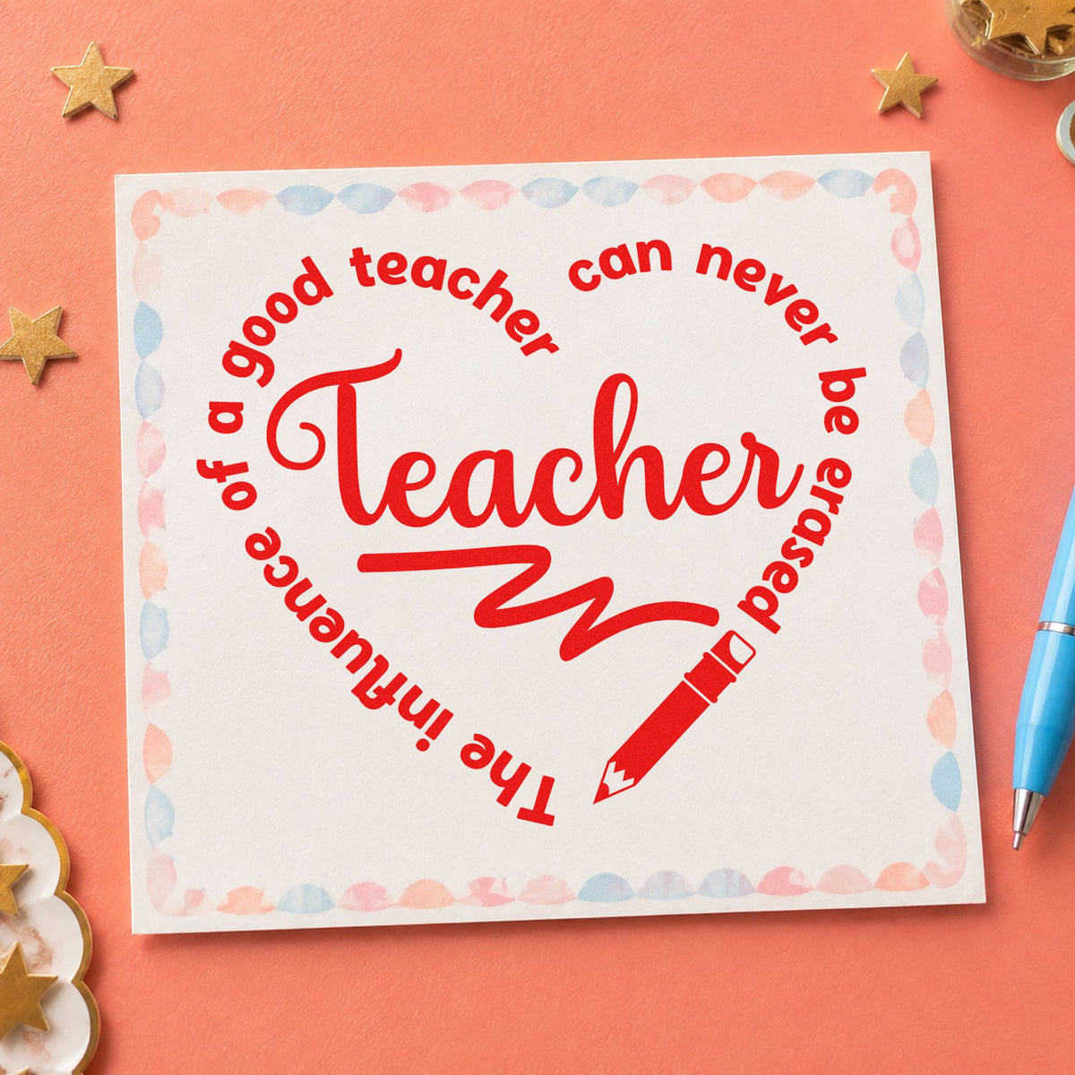 Teacher Influence Pencil Circle rubber stamp shown in red ink, stamped for projects such as revision week notes.