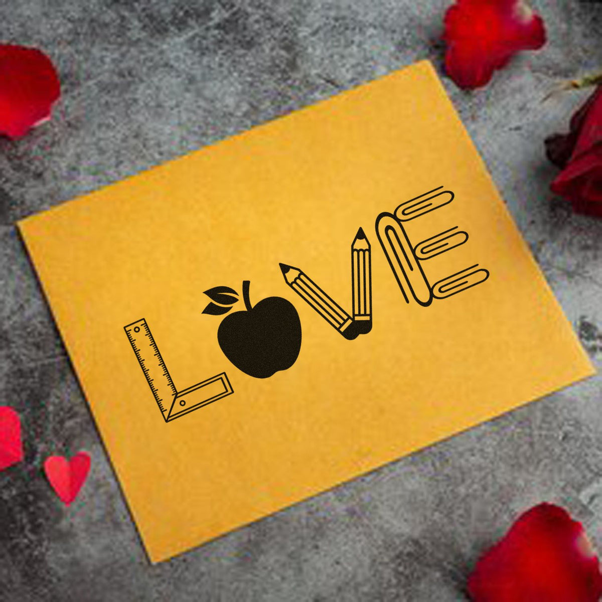 LOVE school supply rubber stamp design with ruler, apple, pencil and paperclips for teacher crafts.