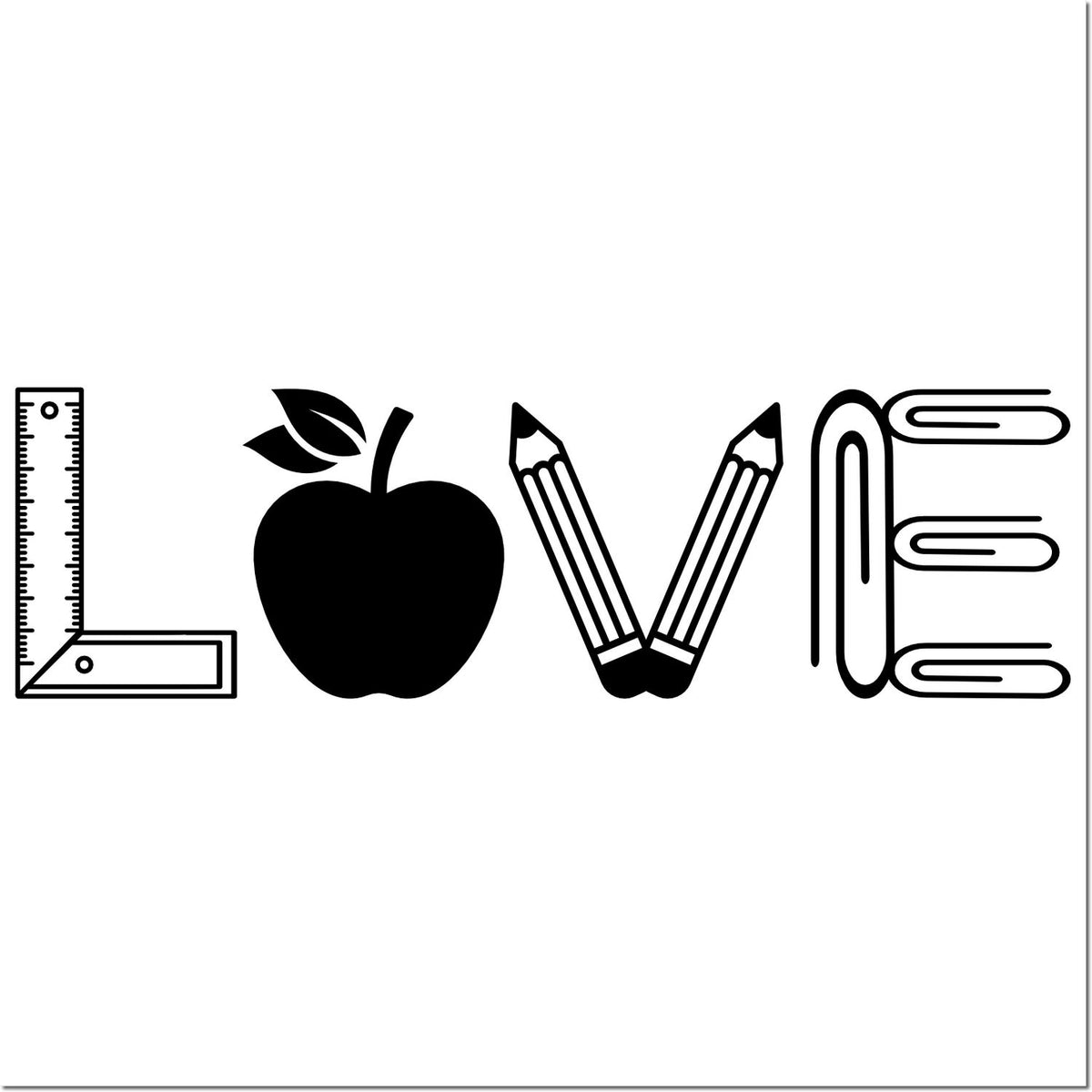 School-themed LOVE word art with ruler L, apple O, pencil V, and paperclip E for rubber stamp design.