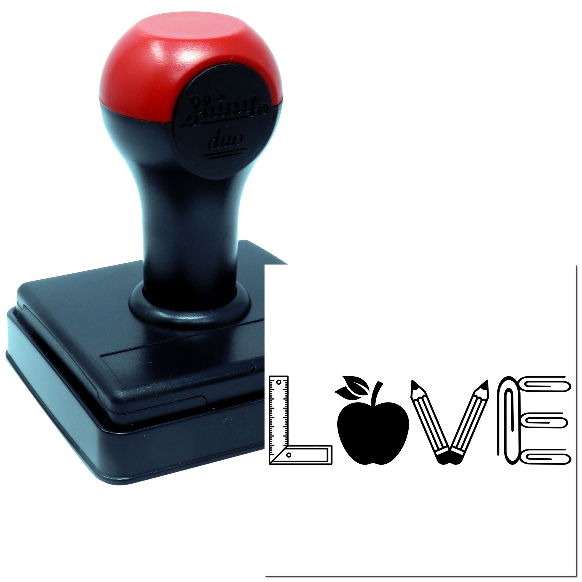 Self-inking custom rubber stamp with large impression area and sample icon designs for office, school, or branding use.