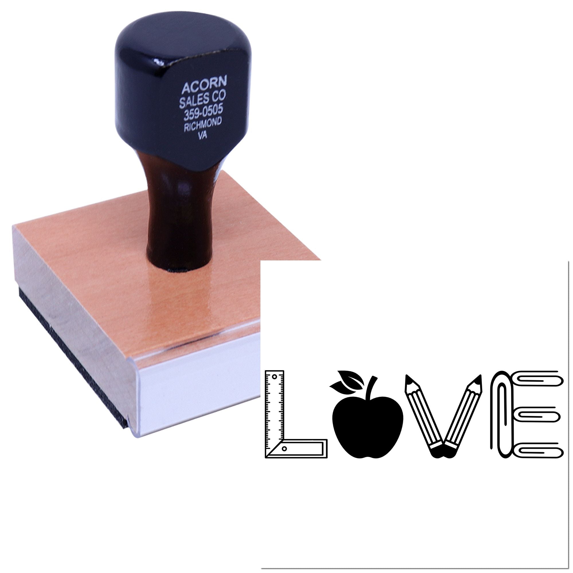 Wood-mounted custom business address rubber stamp for office, school, or craft use.