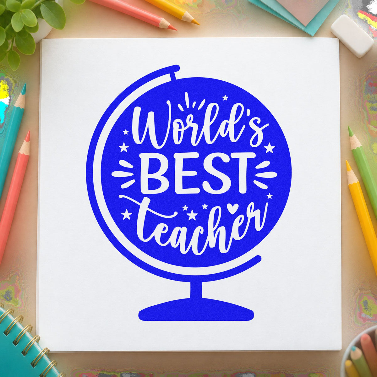 World's Best Teacher Globe With Stars Rubber Stamp – Duo Hand in use 5