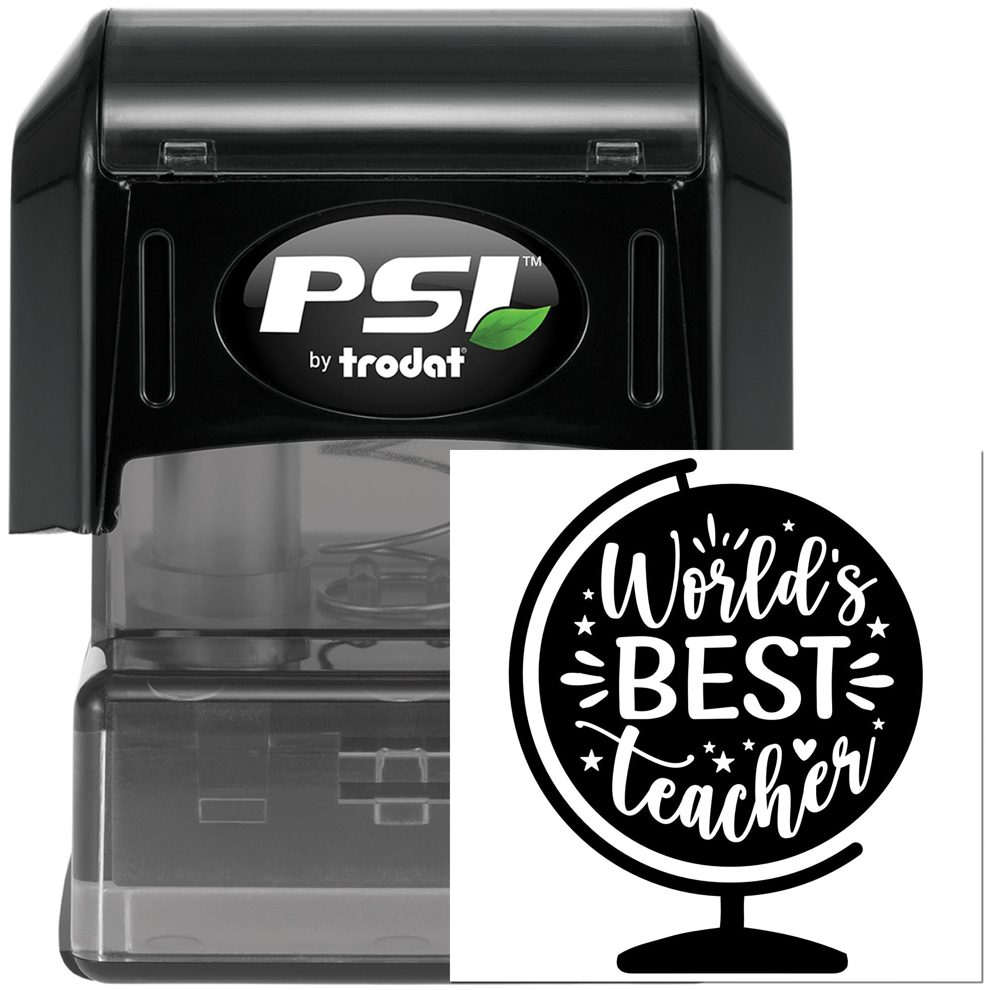 PSI by Trodat self-inking rubber stamp with Worlds Best Teacher design for custom teacher appreciation stamping