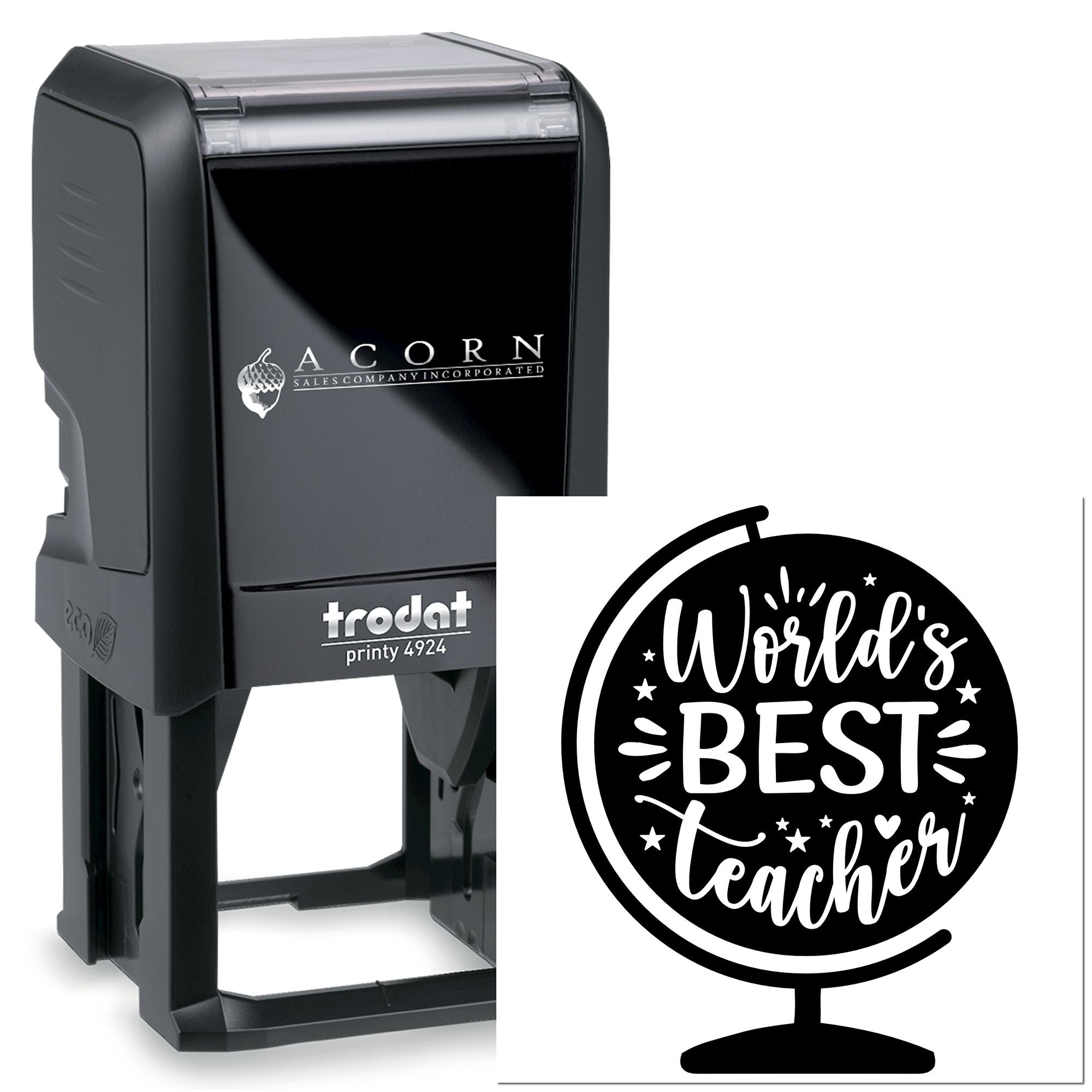 Custom self-inking rubber stamp with Worlds Best Teacher design for classroom use and teacher rewards.