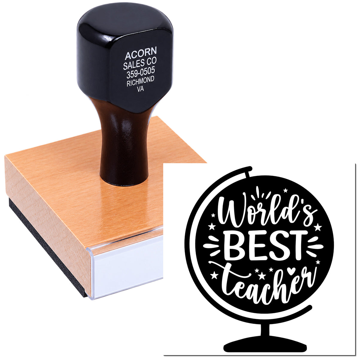 Personalized rubber stamp with Worlds Best Teacher design, perfect for classroom use, teacher gifts, and custom stamping.