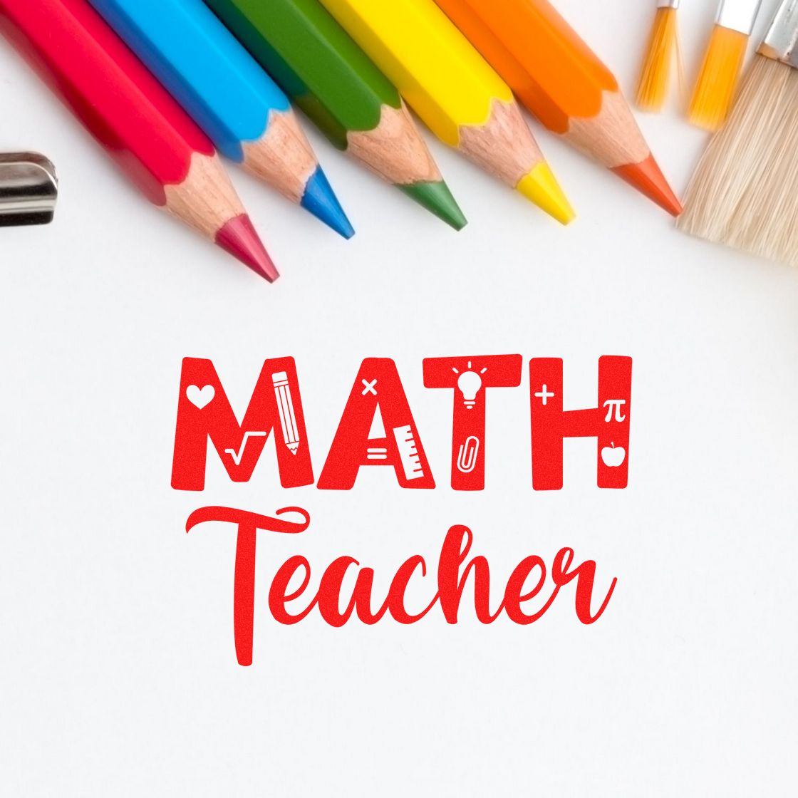 Math Teacher rubber stamp design with colorful school pencils, ideal for classroom labeling, teacher gifts, and education branding.