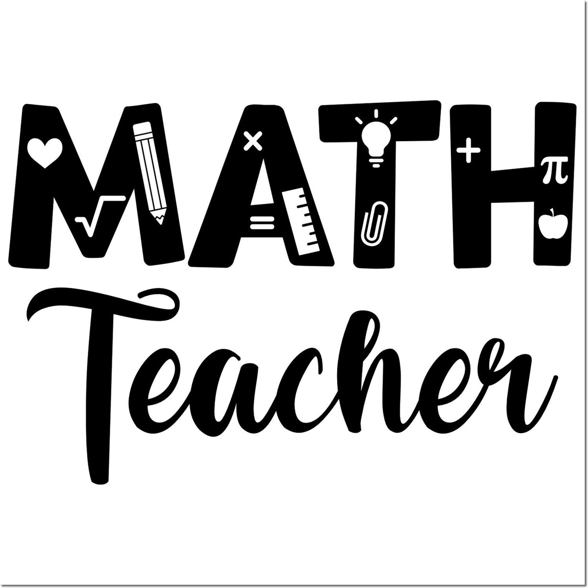 Math teacher rubber stamp design with school icons for classroom gifts, worksheets, and educator crafting.
