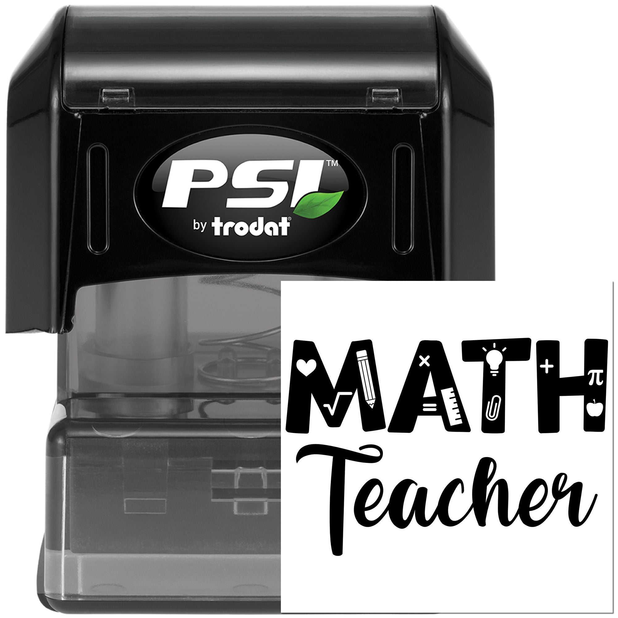PSI by Trodat self-inking rubber stamp with Math Teacher design for classroom use and grading.