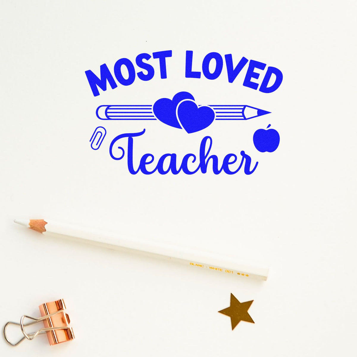Most Loved Teacher rubber stamp design with pencil, hearts and apple for teacher appreciation cards and stationery.