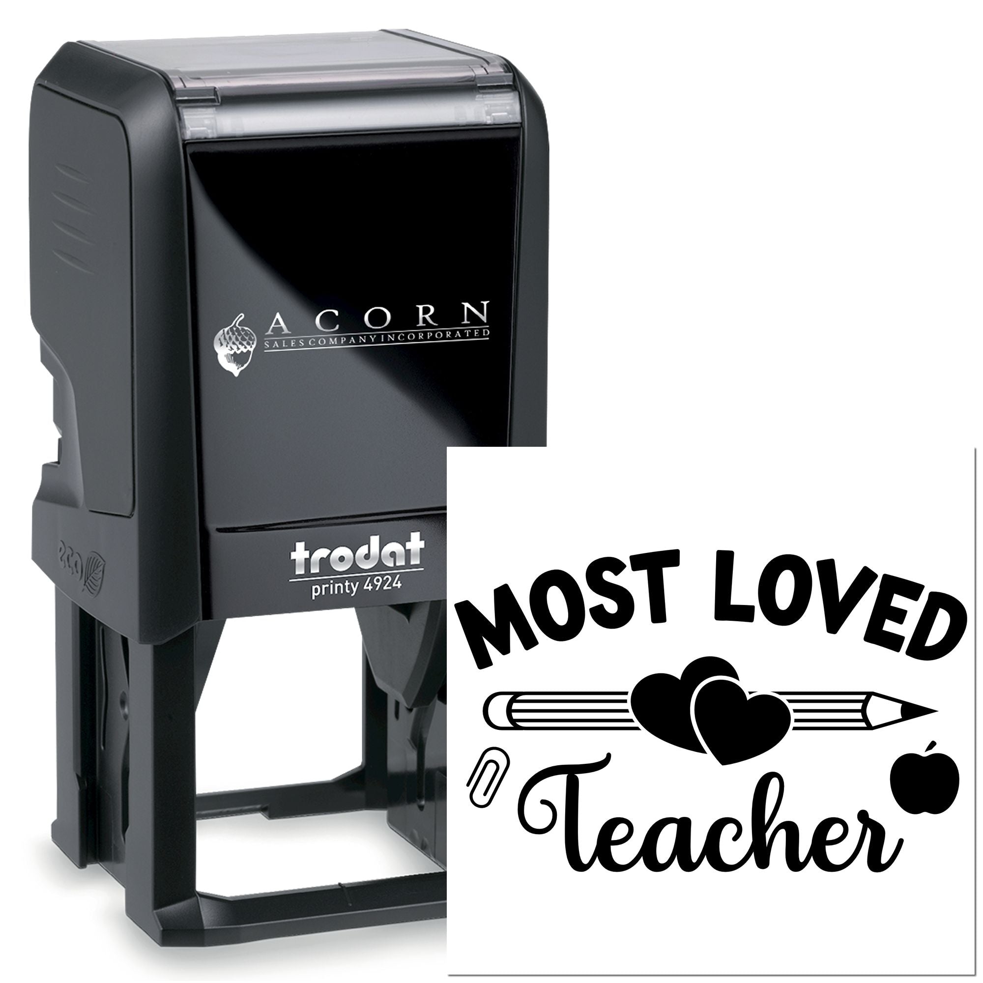 Most Loved Teacher self-inking rubber stamp, Trodat Printy 4924, for classroom grading, teacher gifts, and appreciation notes.