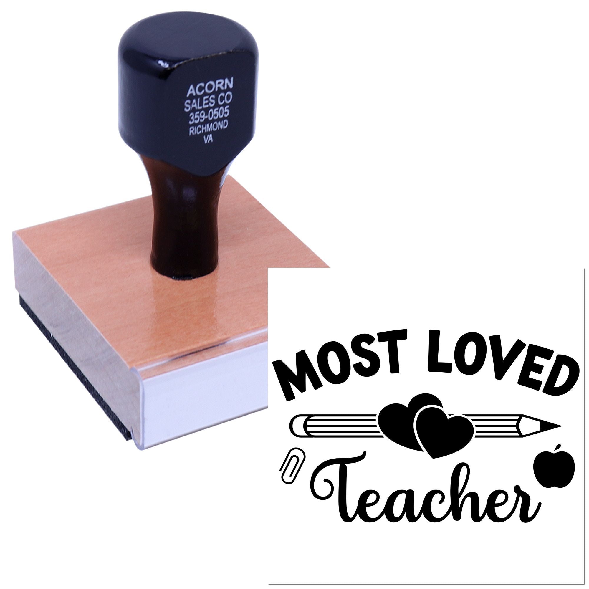 Most Loved Teacher custom rubber stamp on wood block for classroom gifts, teacher appreciation, and school crafting.