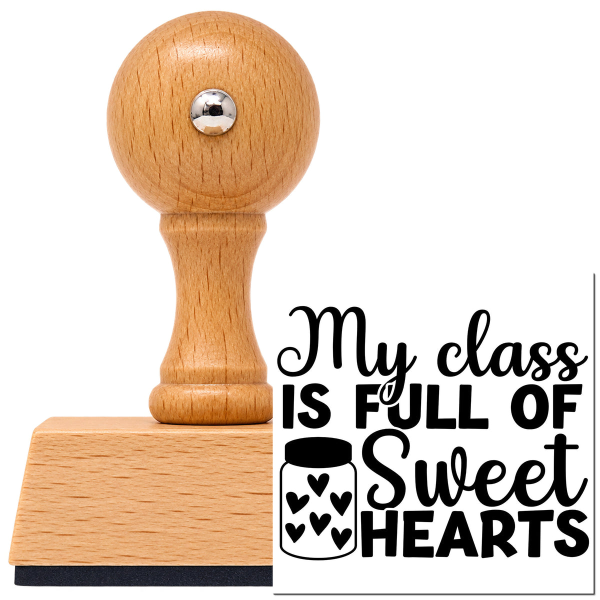 Sweethearts In My Class Heart Jar Vintage Pro rubber stamp in European beech wood with a round knob handle, shown beside its black imprint.