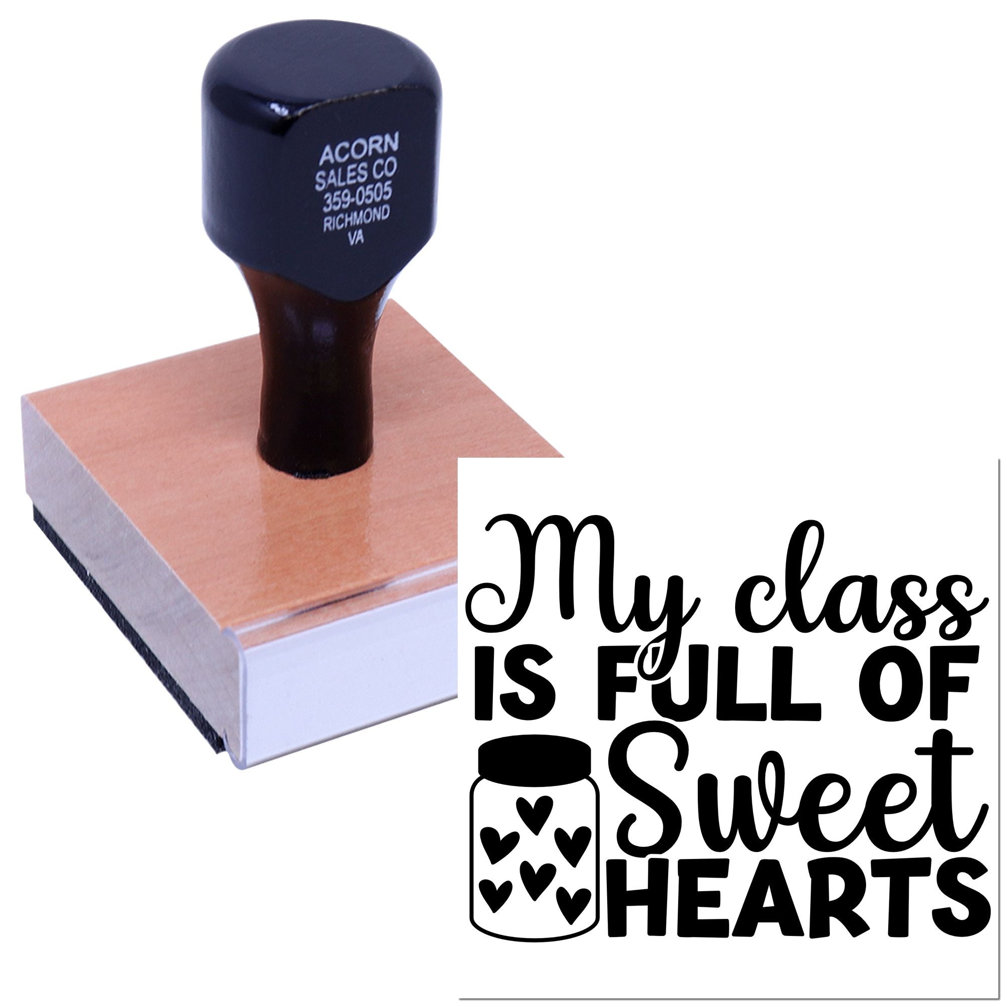 Custom rubber stamp for teachers reading My class is full of sweet hearts with heart jar design for classroom use