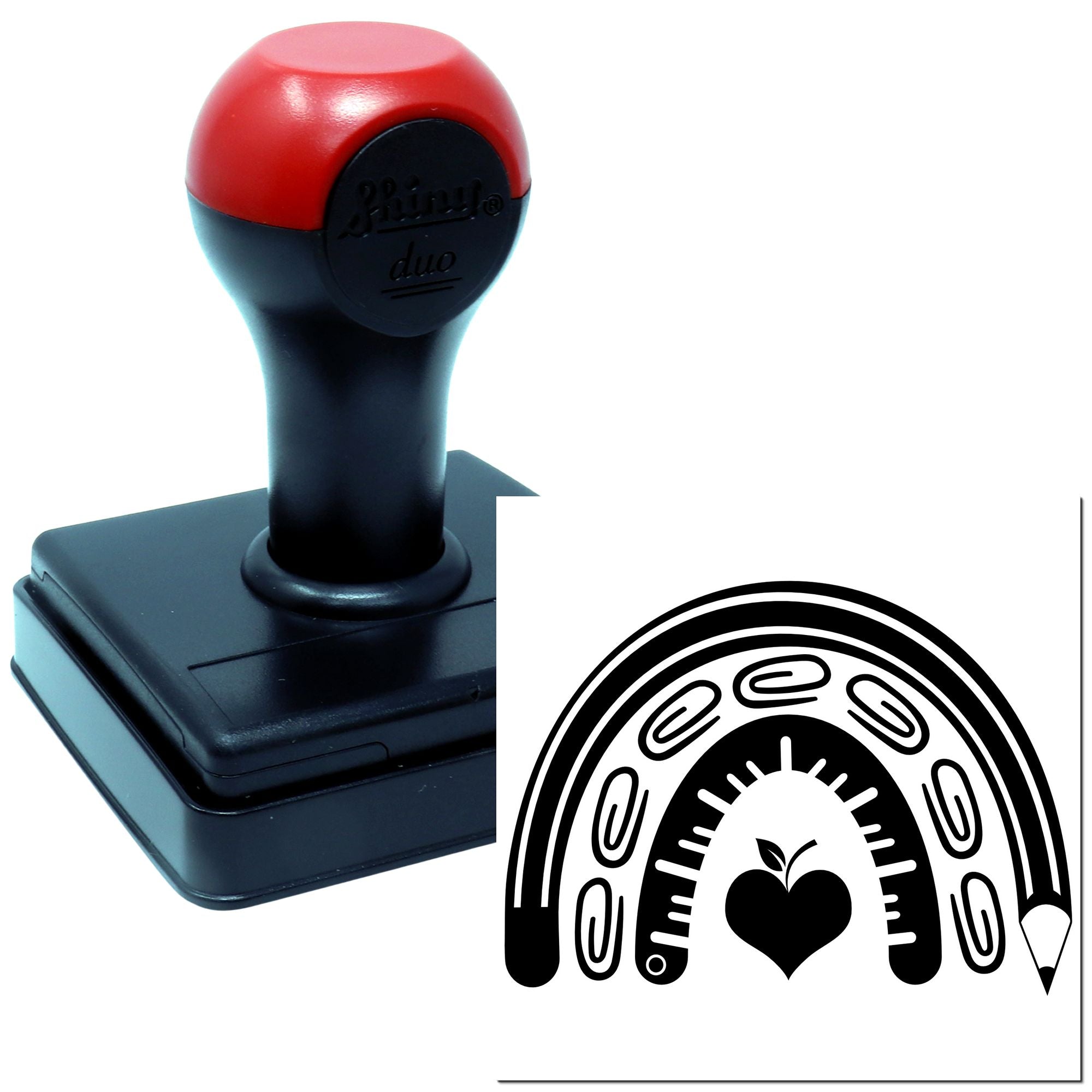 Custom self-inking rubber stamp with rainbow heart logo, perfect for branding, crafts, and stationery.