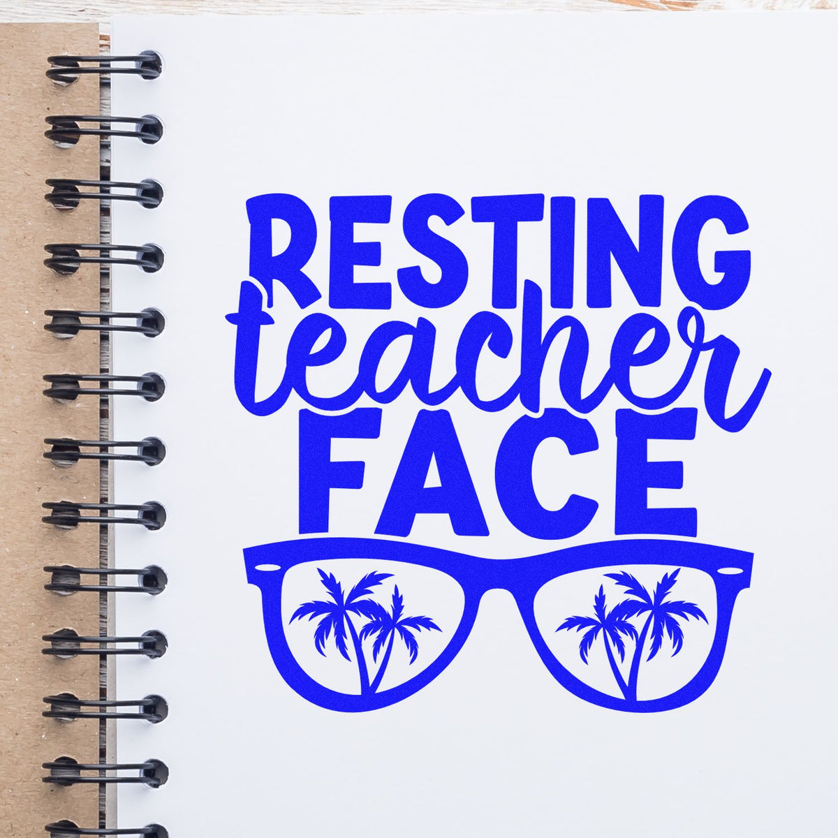 Resting Teacher Face rubber stamp design with palm tree glasses for teacher gifts, classroom crafts, and stationery.