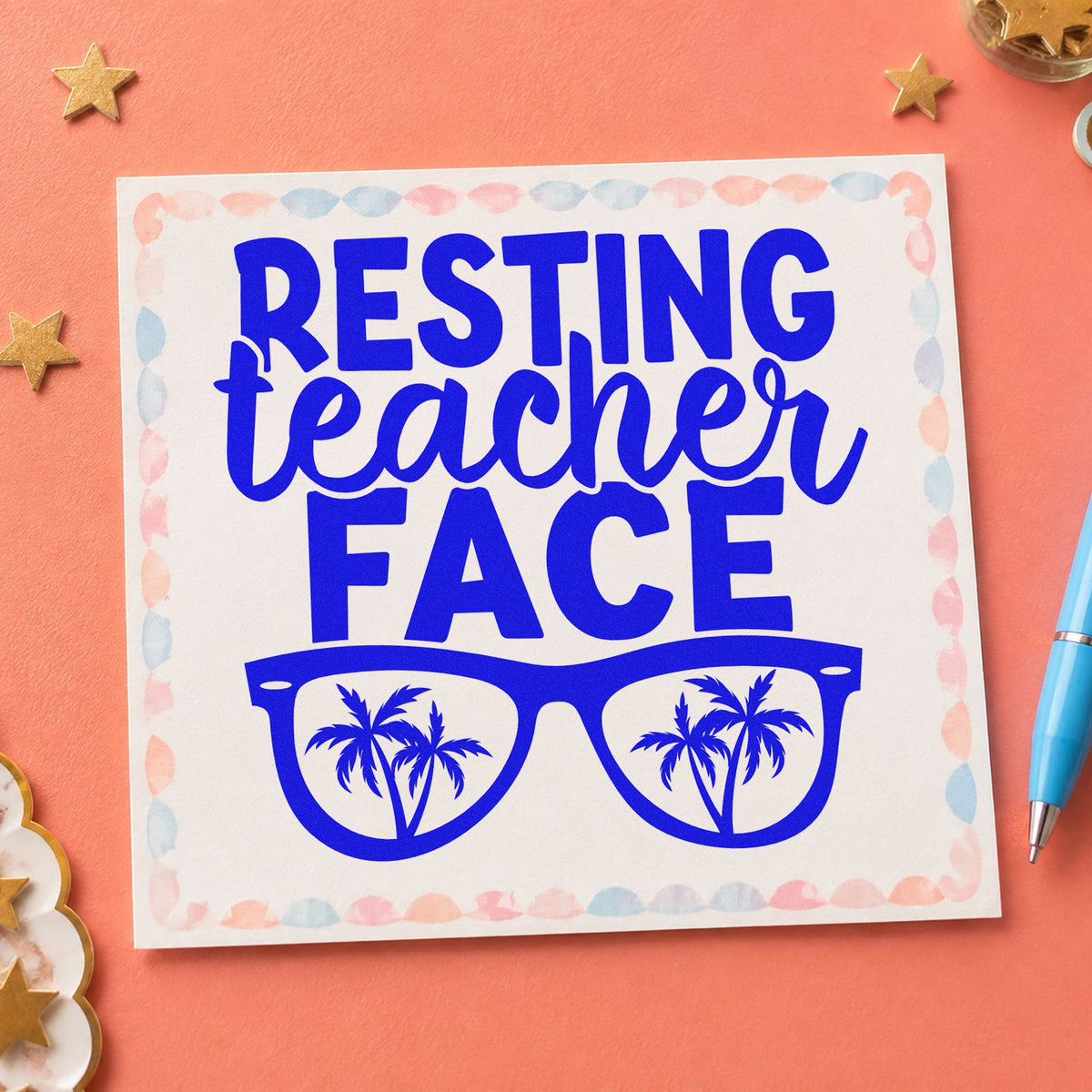 Resting Teacher Face craft stamp imprinted in blue ink on paper, a design suited to pool bag seals.
