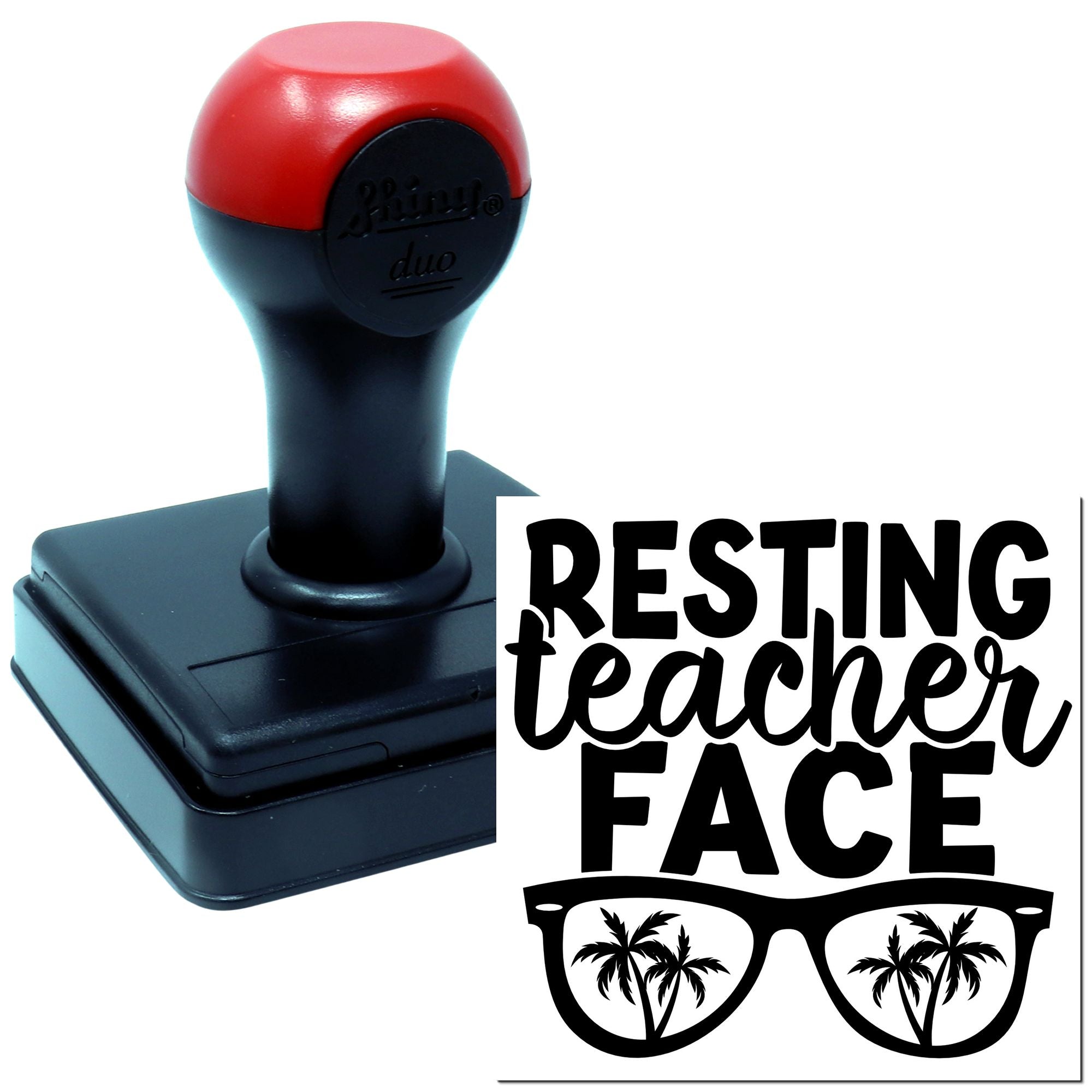 Custom self-inking rubber stamp with Resting Teacher Face design for teachers, classroom use, and fun personalized stamping.