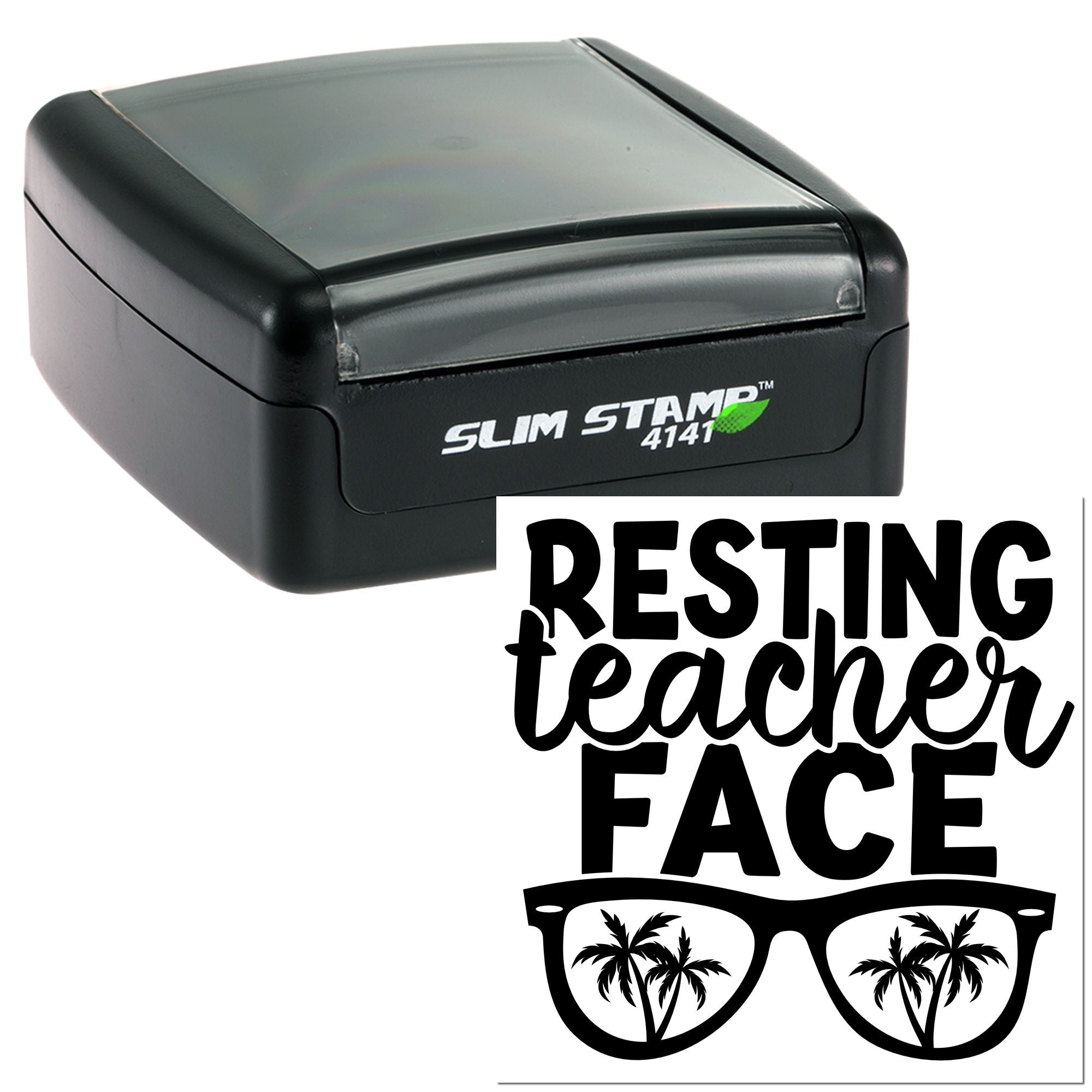 Teacher rubber stamp with Resting Teacher Face text and sunglasses graphic for classroom gifts and teacher humor.