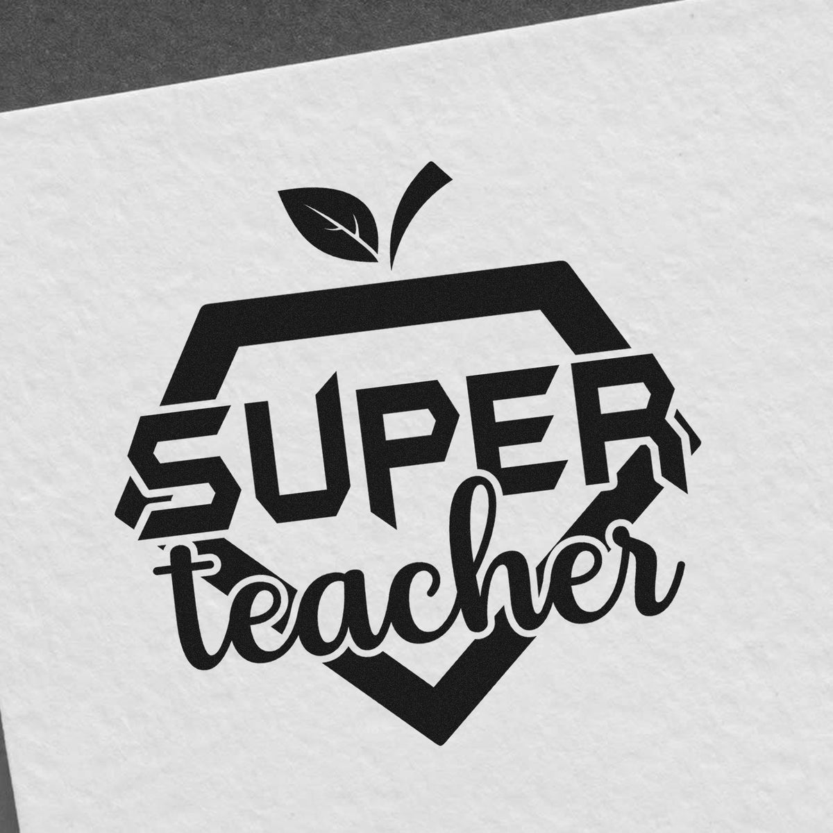 Super Teacher rubber stamp design with apple icon, perfect for classroom rewards, teacher gifts, and school labeling.