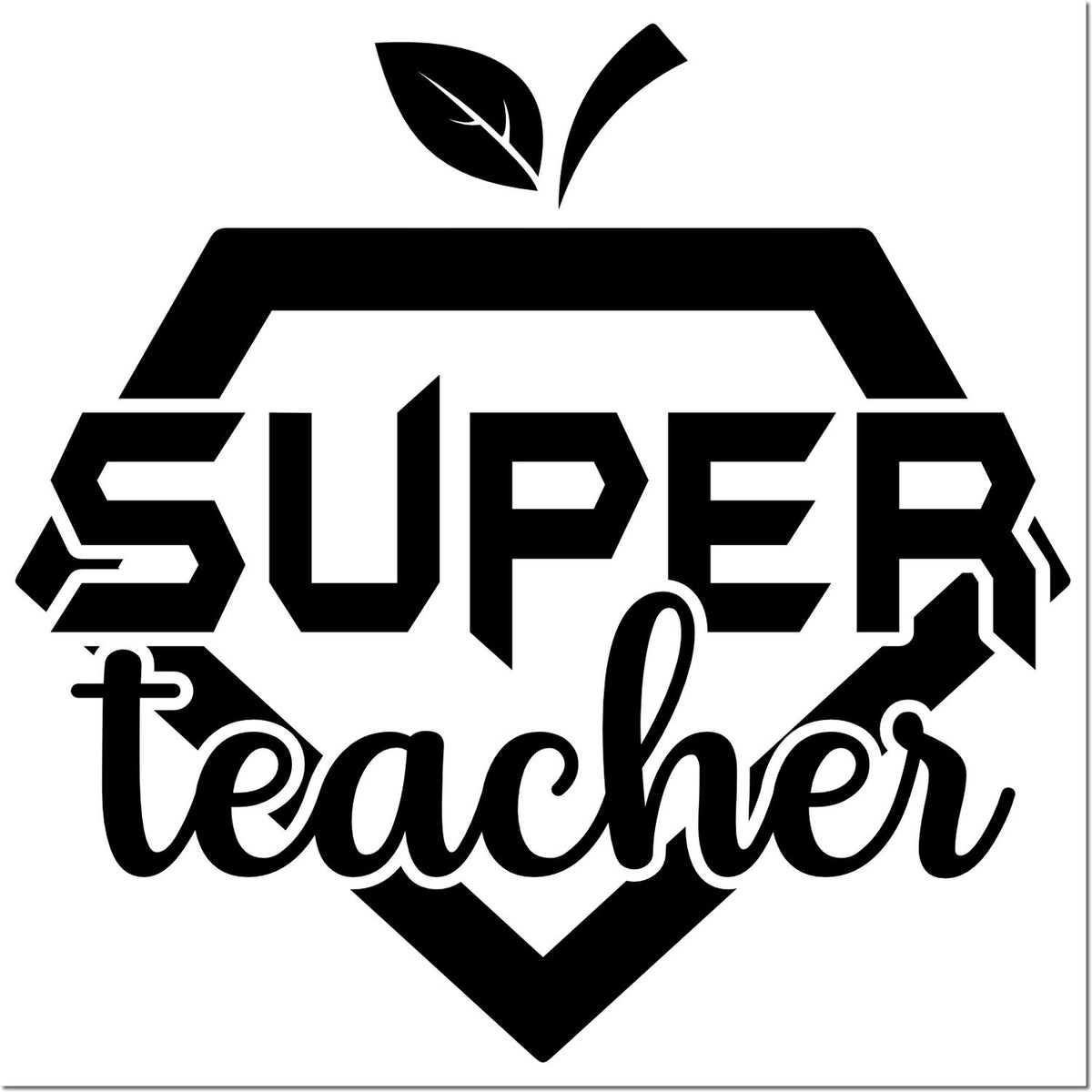 Super teacher rubber stamp design with apple icon and bold lettering for classroom awards and teacher appreciation.