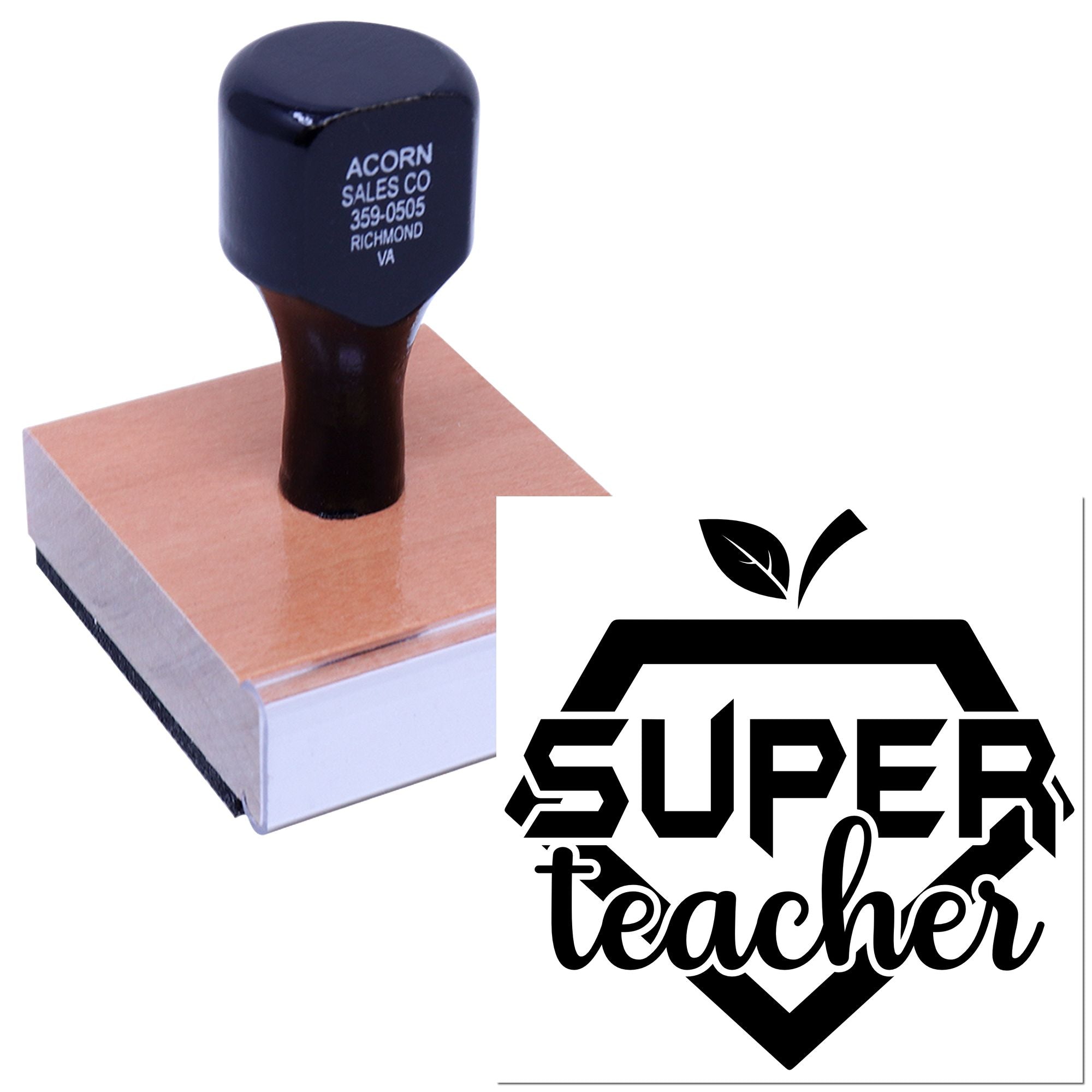 Super Teacher custom rubber stamp on a wooden block, perfect for classroom rewards, teacher gifts, and paper marking.