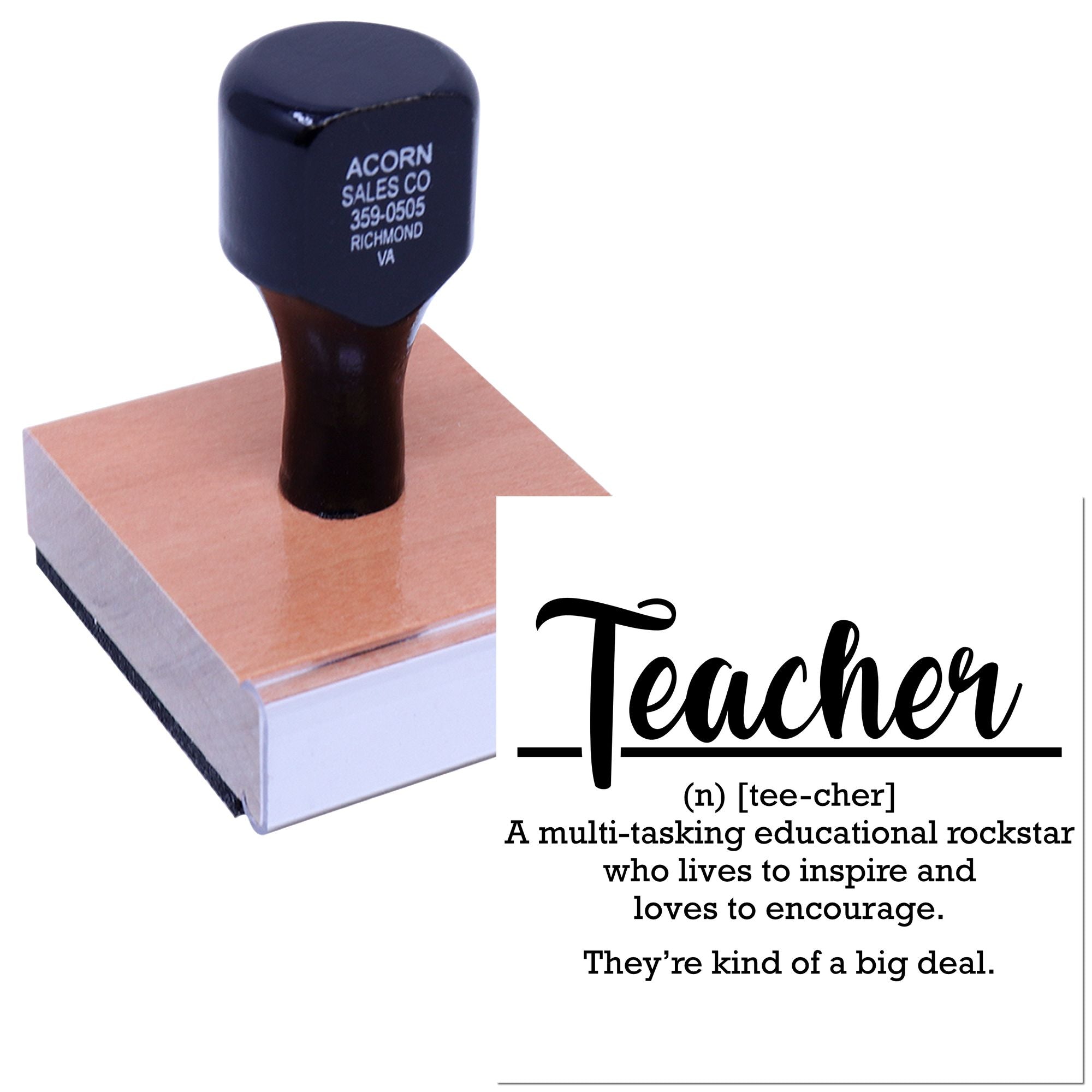 Custom teacher rubber stamp with inspirational Teacher design for classroom rewards, educational use, and personalized stamping.