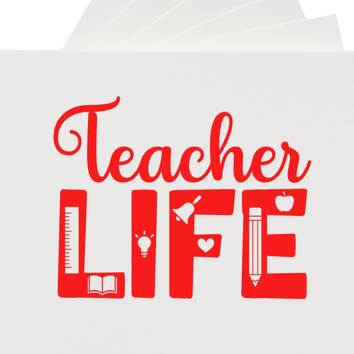 Teacher Life red rubber stamp design with school icons for classroom gifts, educational crafts, and teacher appreciation projects.