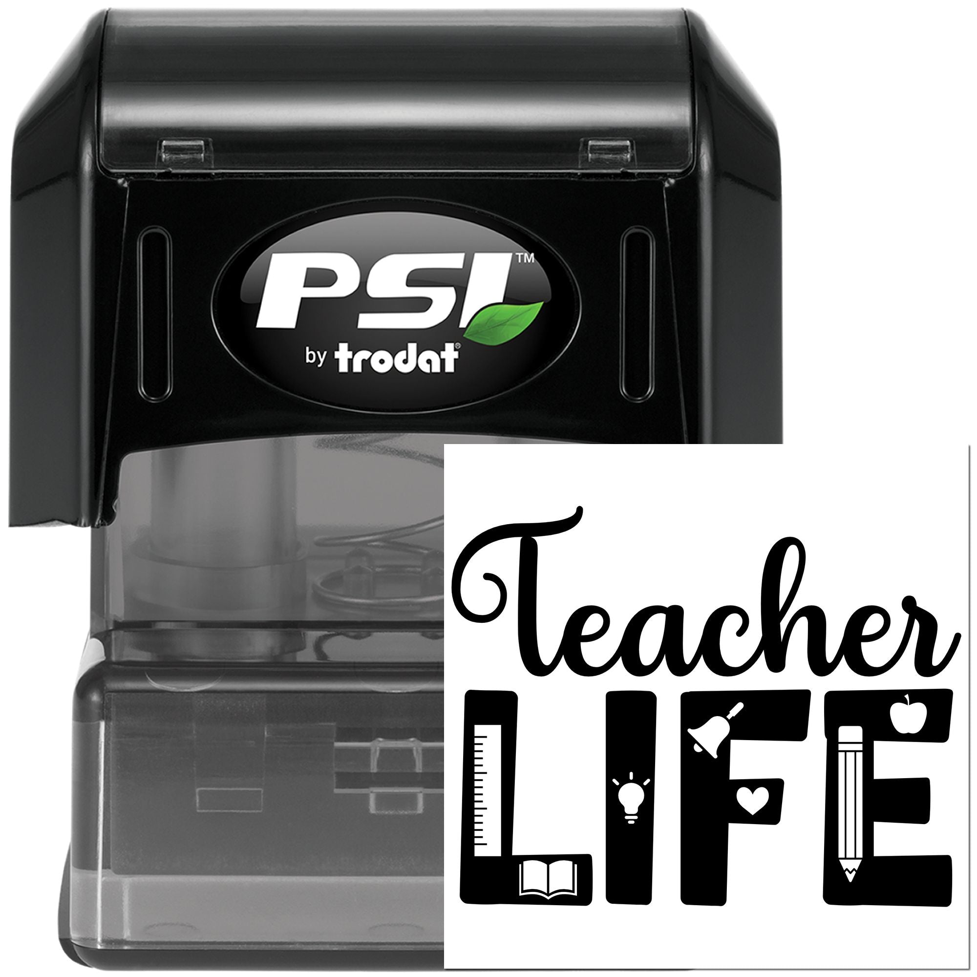 PSI by Trodat self-inking rubber stamp with Teacher Life design for classroom grading, crafts, and teacher appreciation.