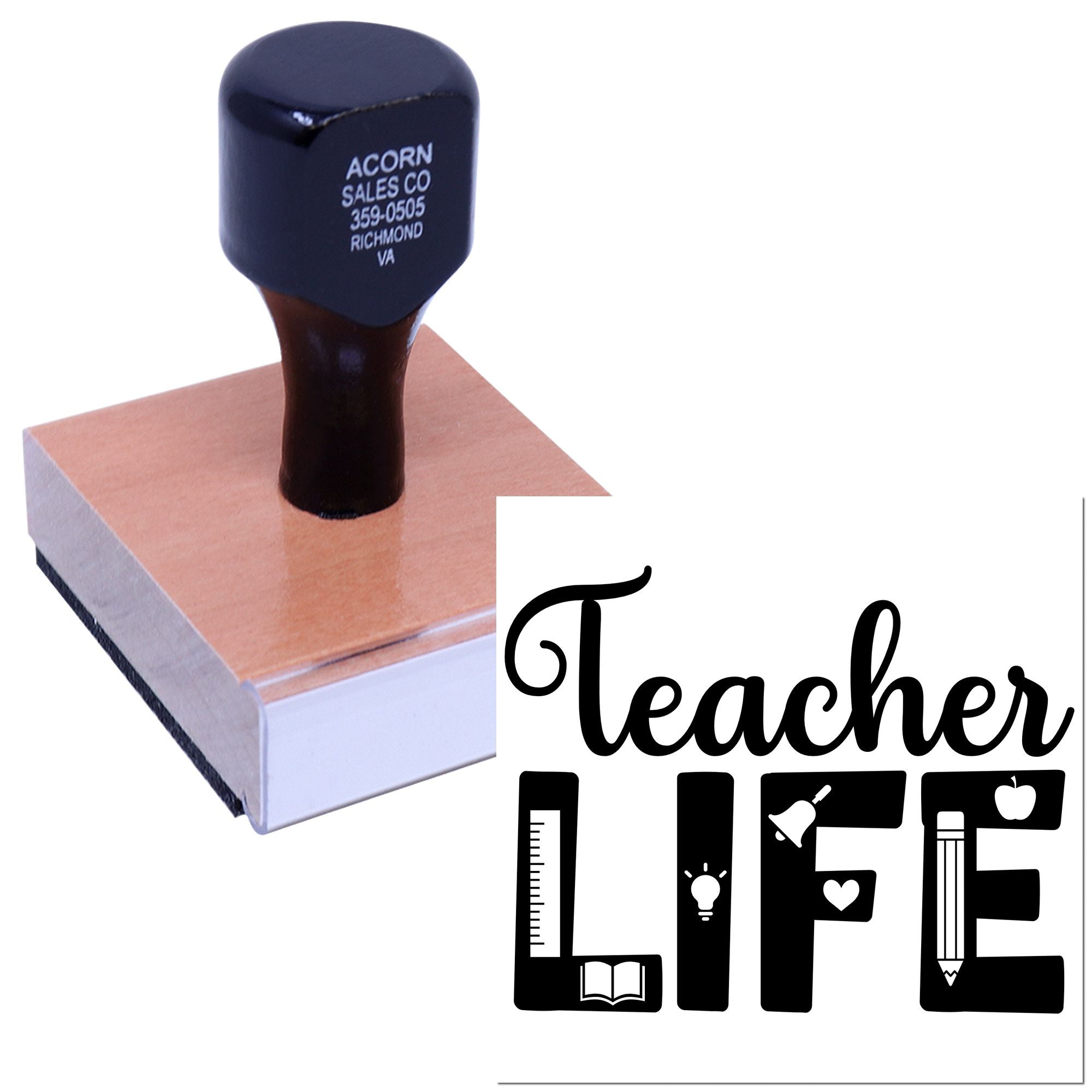 Teacher Life custom rubber stamp with wood handle for classroom projects, teacher gifts, and school organization.