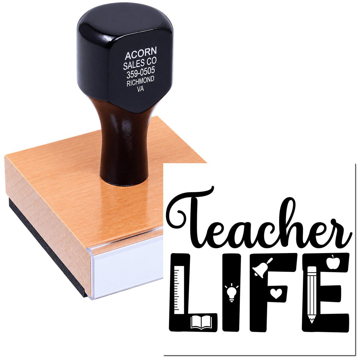 Teacher Life custom rubber stamp with wood handle for classroom projects, teacher gifts, and school organization.