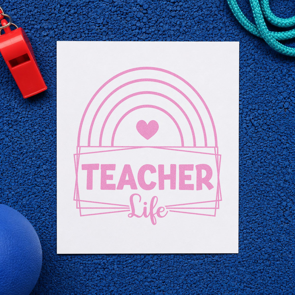 Teacher Life Rainbow Frame craft stamp in purple ink on cardstock, an easy option for bin label tags.