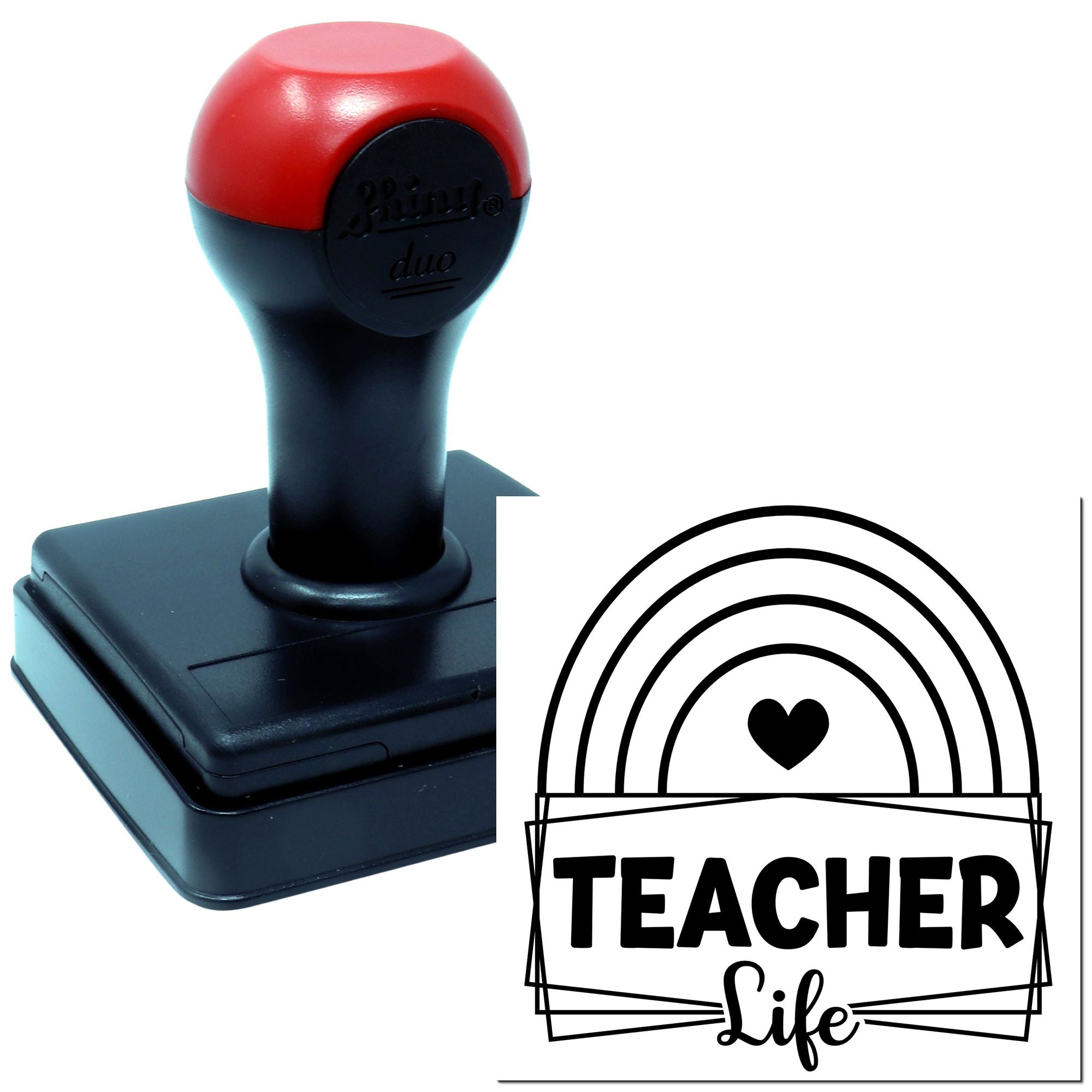 Teacher Life self-inking rubber stamp with rainbow and heart design for classroom rewards