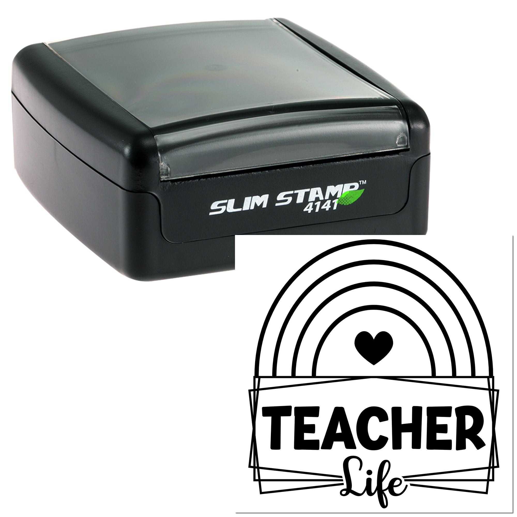 Slim Stamp 4141 self-inking rubber stamp with custom Teacher Life rainbow and heart design
