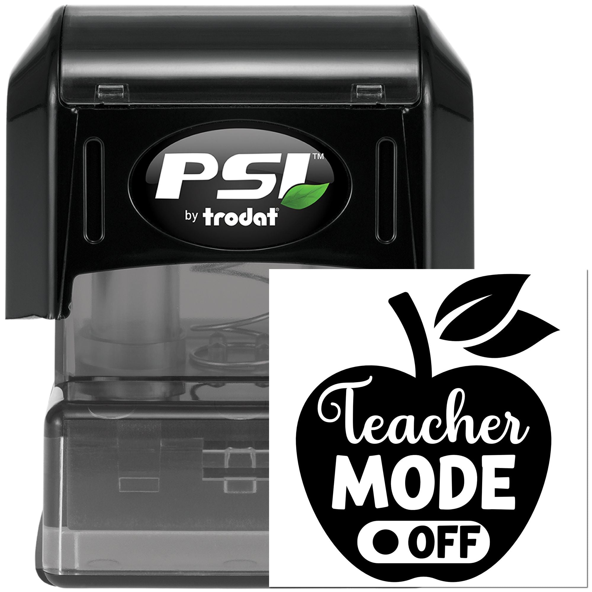 Teacher Mode Off apple design on PSI by Trodat self-inking rubber stamp for classroom use.